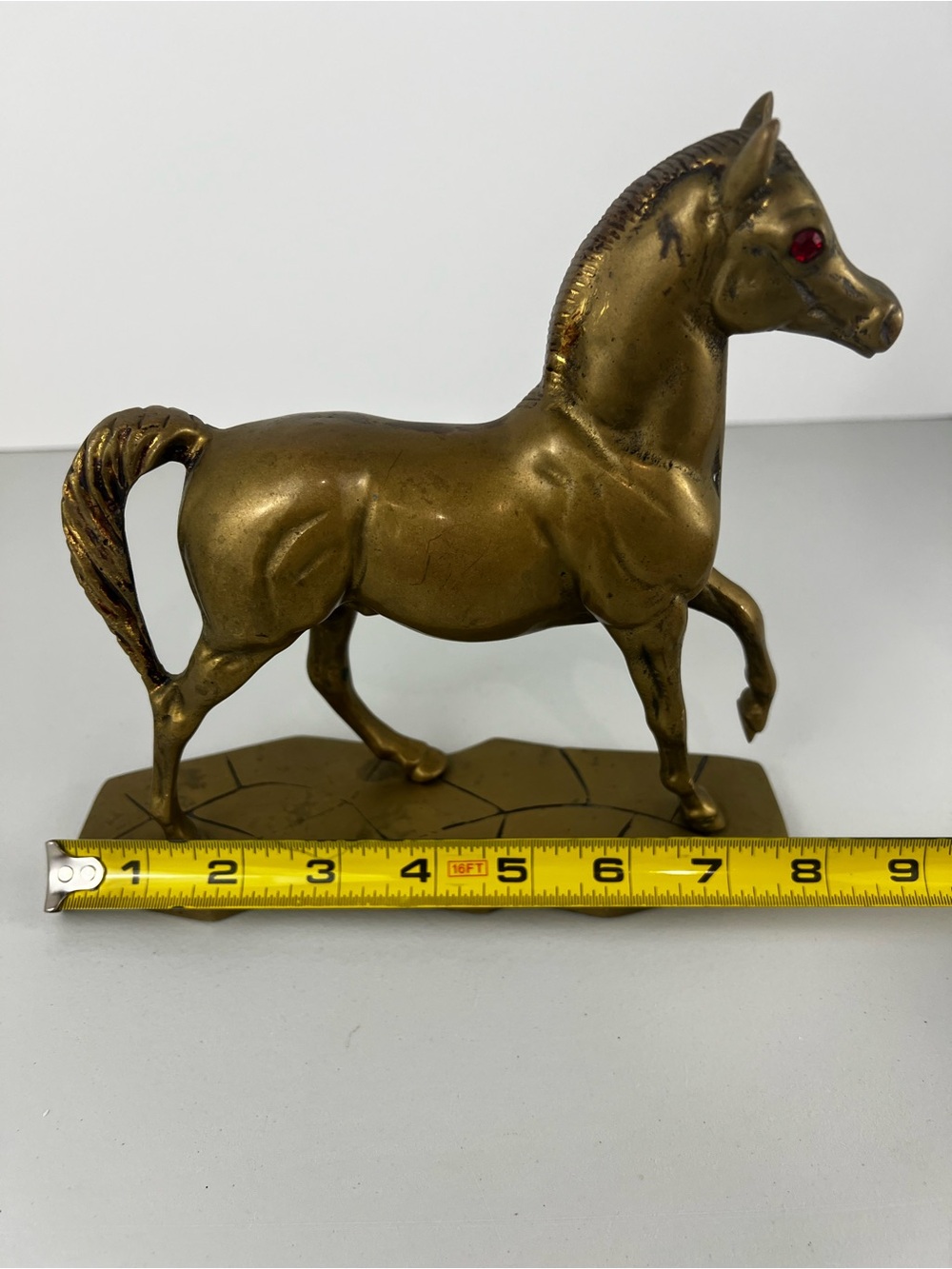 Vintage Solid Brass Horse Statue Red Rhinestone Eyes Mid Century Decor - Picture 12 of 13